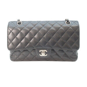CHANEL A01112 Caviar Double Flap Matelassé 25 Shoulder Bag, Black with Silver...